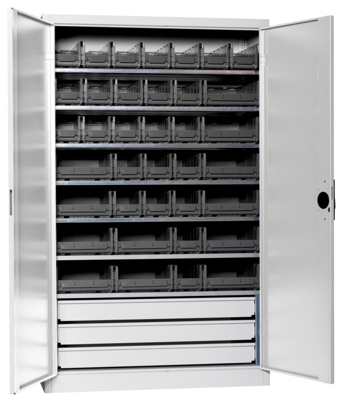 Flügeltürenschrank Lagerbox-FLGTRSHRNK-VOLLBL-SLB-FB523S-BOX-RAL7035     Verpackungsinhalt    1 Einheit