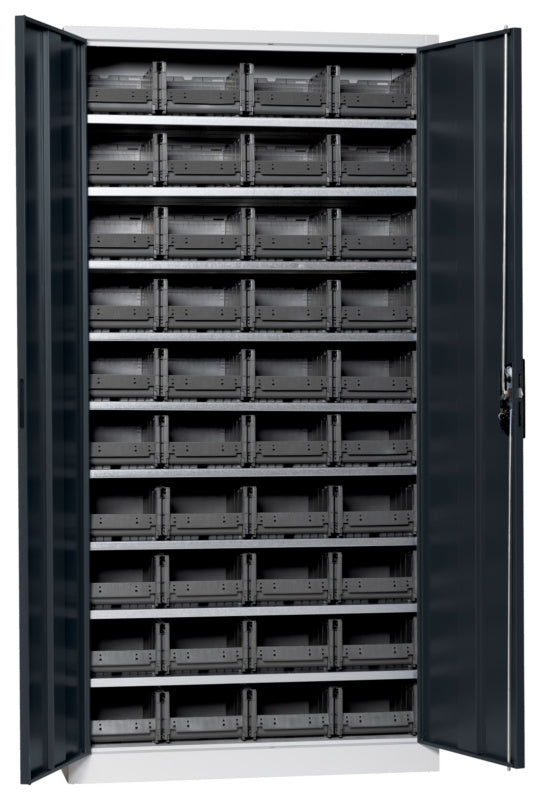 Flügeltürenschrank Lagerbox-FLGTRSHRNK-LGRBOX-SLB-FB415-BOX-RAL7016     Verpackungsinhalt    1 Einheit
