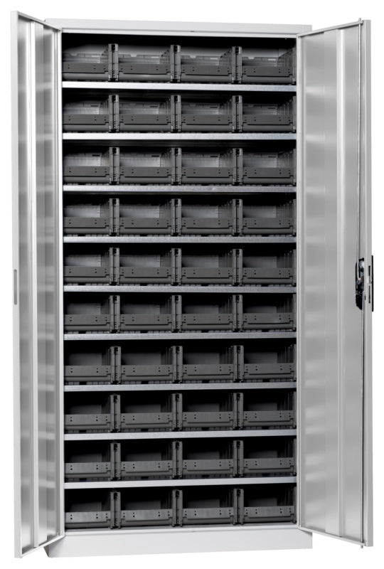 Flügeltürenschrank Lagerbox-FLGTRSHRNK-LGRBOX-SLB-FB415-BOX-RAL7035     Verpackungsinhalt    1 Einheit