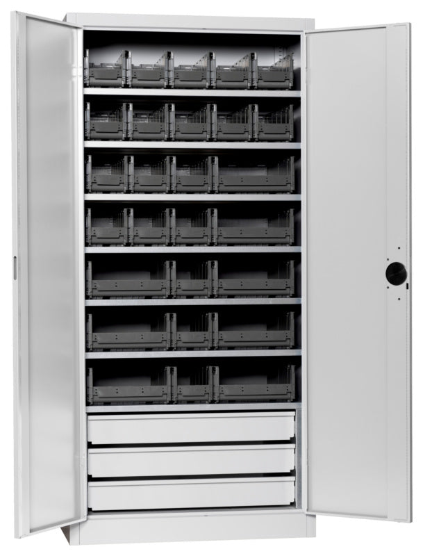Flügeltürenschrank Lagerbox-FLGTRSHRNK-VOLLBL-SLB-FB522S-BOX-RAL7035     Verpackungsinhalt    1 Einheit