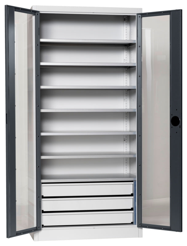 Flügeltürenschrank Lagerbox-FLGTRSHRNK-SICHTF-SLB-FB520S-RAL7016     Verpackungsinhalt    1 Einheit