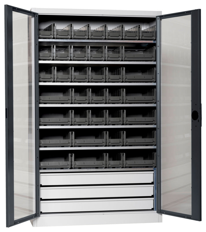 Flügeltürenschrank Lagerbox-FLGTRSHRNK-SICHTF-SLB-FB521S-BOX-RAL7016     Verpackungsinhalt    1 Einheit