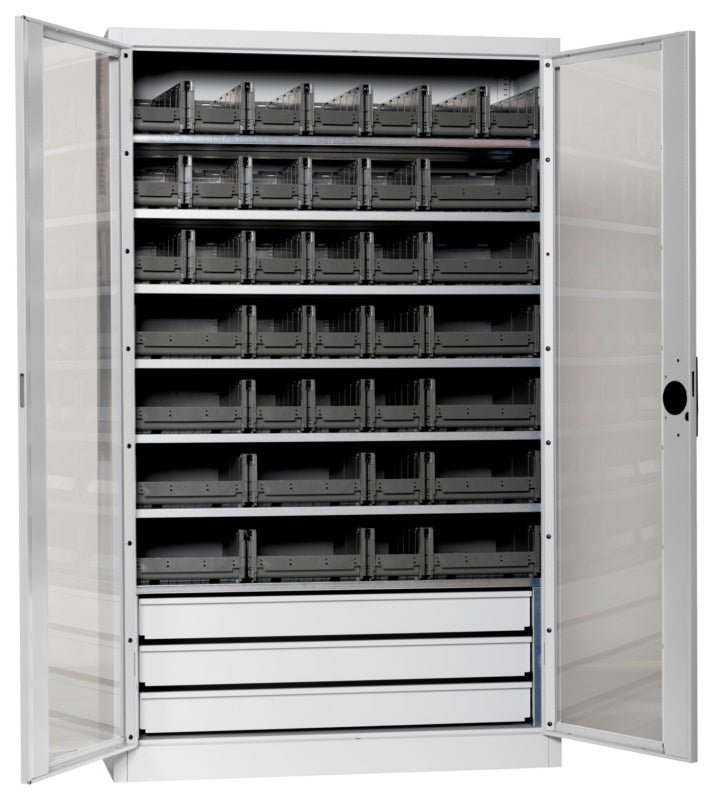 Flügeltürenschrank Lagerbox-FLGTRSHRNK-SICHTF-SLB-FB521S-BOX-RAL7035     Verpackungsinhalt    1 Einheit