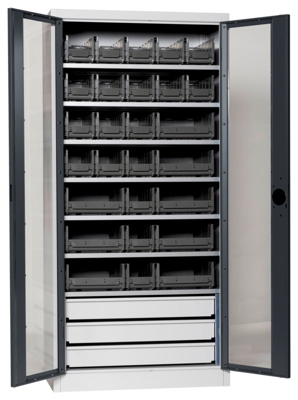 Flügeltürenschrank Lagerbox-FLGTRSHRNK-SICHTF-SLB-FB520S-BOX-RAL7016     Verpackungsinhalt    1 Einheit