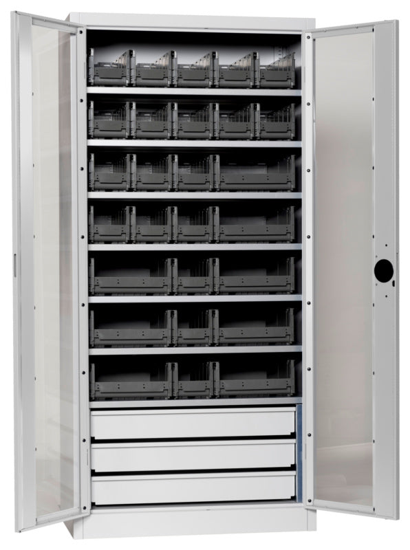 Flügeltürenschrank Lagerbox-FLGTRSHRNK-SICHTF-SLB-FB520S-BOX-RAL7035     Verpackungsinhalt    1 Einheit