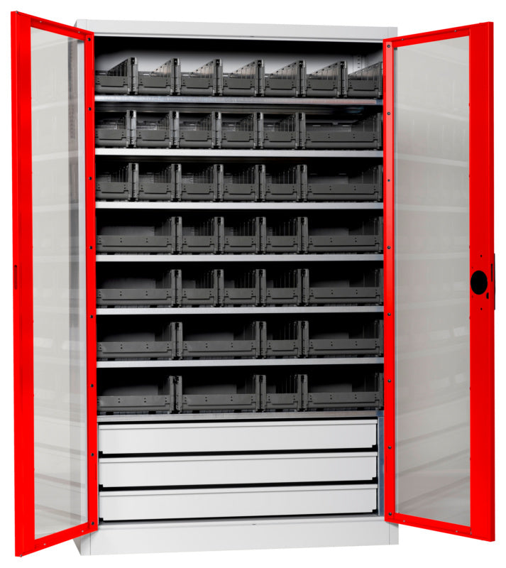 Flügeltürenschrank Lagerbox-FLGTRSHRNK-SICHTF-SLB-FB521S-BOX-RAL3020     Verpackungsinhalt    1 Einheit