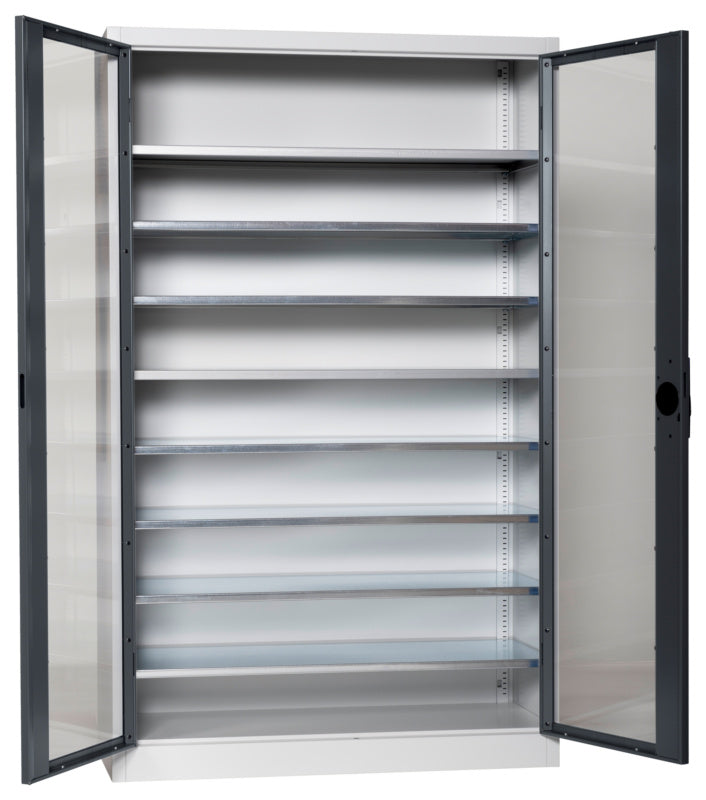 Flügeltürenschrank Lagerbox-FLGTRSHRNK-SICHTF-SLB-FB521-RAL7016     Verpackungsinhalt    1 Einheit
