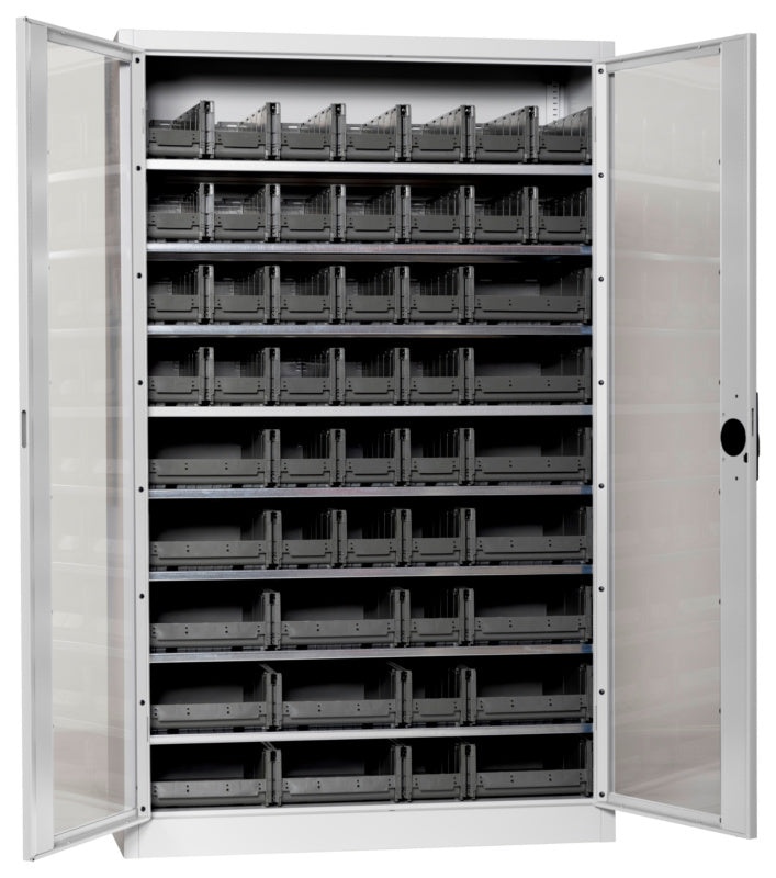 Flügeltürenschrank Lagerbox-FLGTRSHRNK-SICHTF-SLB-FB521-BOX-RAL7035     Verpackungsinhalt    1 Einheit