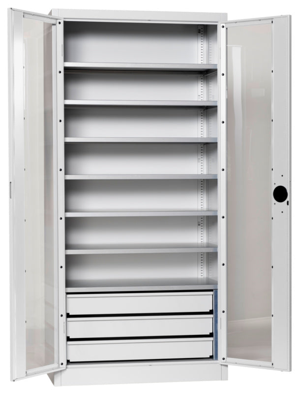 Flügeltürenschrank Lagerbox-FLGTRSHRNK-SICHTF-SLB-FB520S-RAL7035     Verpackungsinhalt    1 Einheit