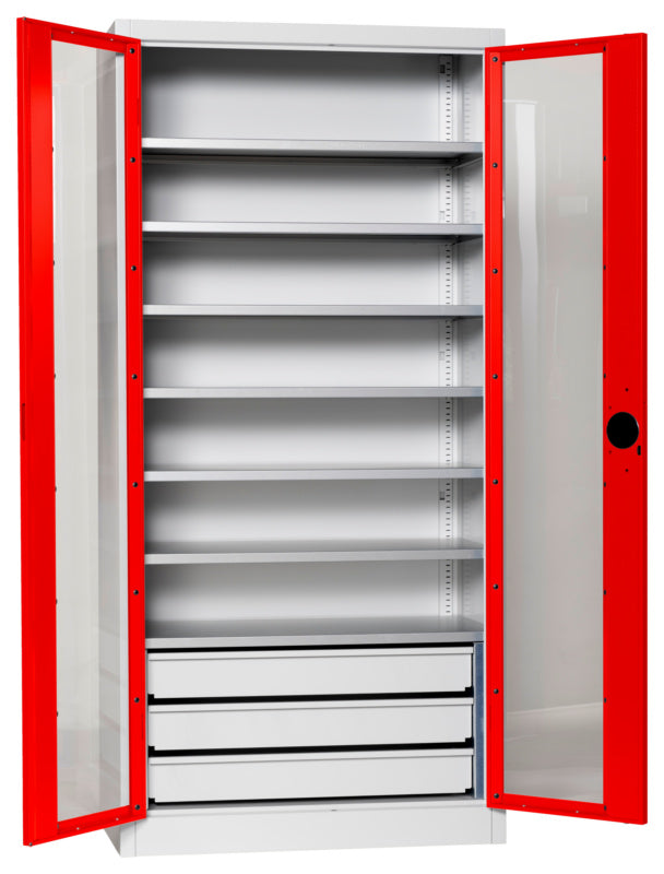 Flügeltürenschrank Lagerbox-FLGTRSHRNK-SICHTF-SLB-FB520S-RAL3020     Verpackungsinhalt    1 Einheit