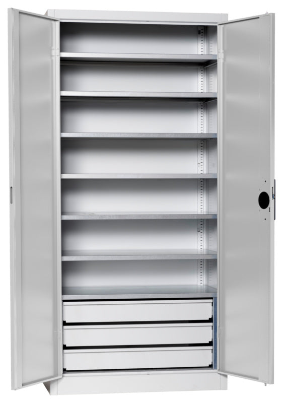 Flügeltürenschrank Lagerbox-FLGTRSHRNK-VOLLBL-SLB-FB522S-RAL7035     Verpackungsinhalt    1 Einheit