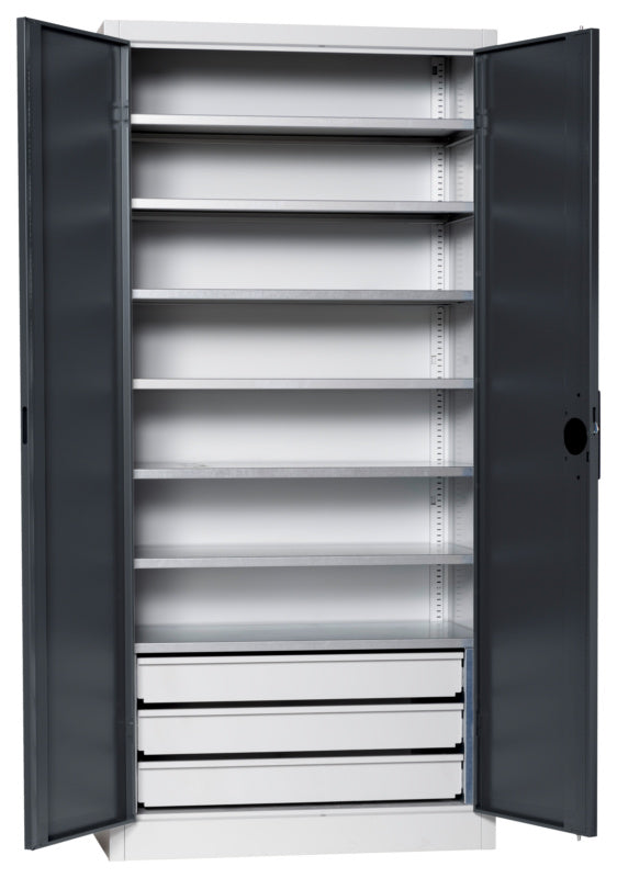 Flügeltürenschrank Lagerbox-FLGTRSHRNK-VOLLBL-SLB-FB522S-RAL7016     Verpackungsinhalt    1 Einheit