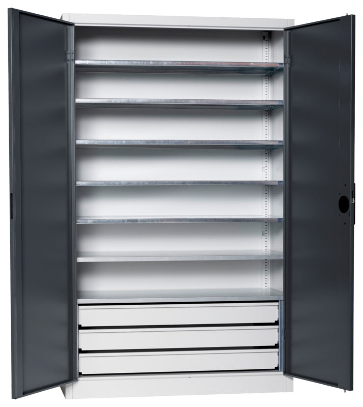 Flügeltürenschrank Lagerbox-FLGTRSHRNK-VOLLBL-SLB-FB523S-RAL7016     Verpackungsinhalt    1 Einheit