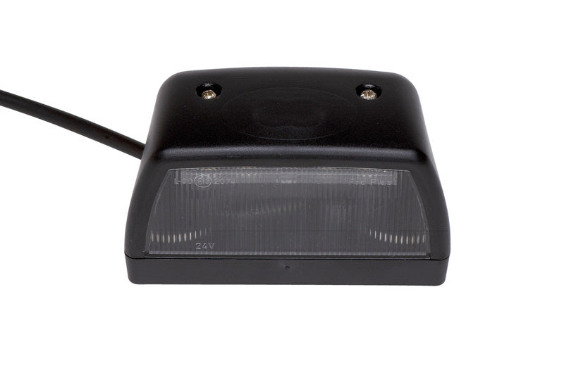 Kennzeichenleuchte für Nutzfahrzeuge mit klarer Linse und schwarzem Gehäuse.