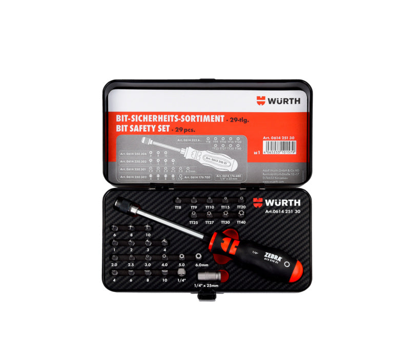 A set of various screwdriver bits organized in a compact storage case.