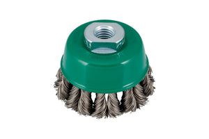 Topfbürste mit 115 mm Durchmesser und harten Drahtborsten für Oberflächenbearbeitung.