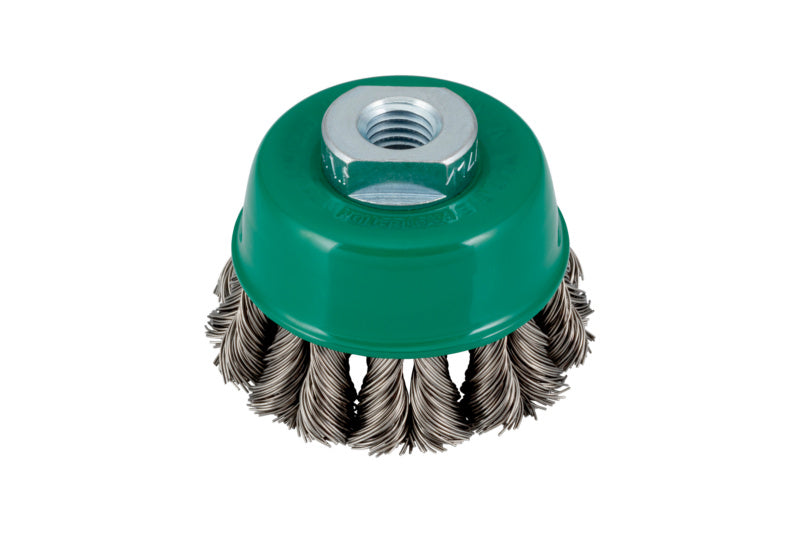 Topfbürste mit 115 mm Durchmesser und harten Drahtborsten für Oberflächenbearbeitung.