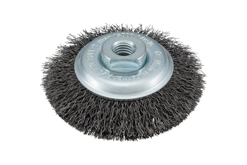 Kegelbürste mit konischer Metallborsten für Winkelschleifer zum Schleifen und Reinigen von Oberflächen.