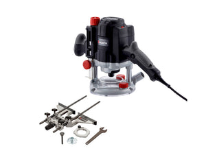 Oberfräse Elektro-OBFRS-EL mit ergonomischem Griff und transparentem Sichtschutz für Holzarbeiten.