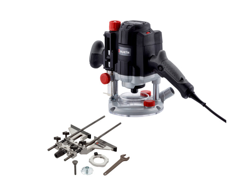 Oberfräse Elektro-OBFRS-EL mit ergonomischem Griff und transparentem Sichtschutz für Holzarbeiten.