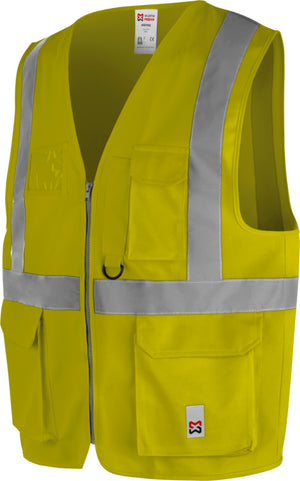 Leichte Warnschutzweste in leuchtend gelb mit reflektierenden Streifen und Reißverschluss.