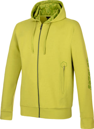 Dunkelzitronenfarbener Hoodie mit Kapuze, Kängurutaschen und durchgehendem Reißverschluss.