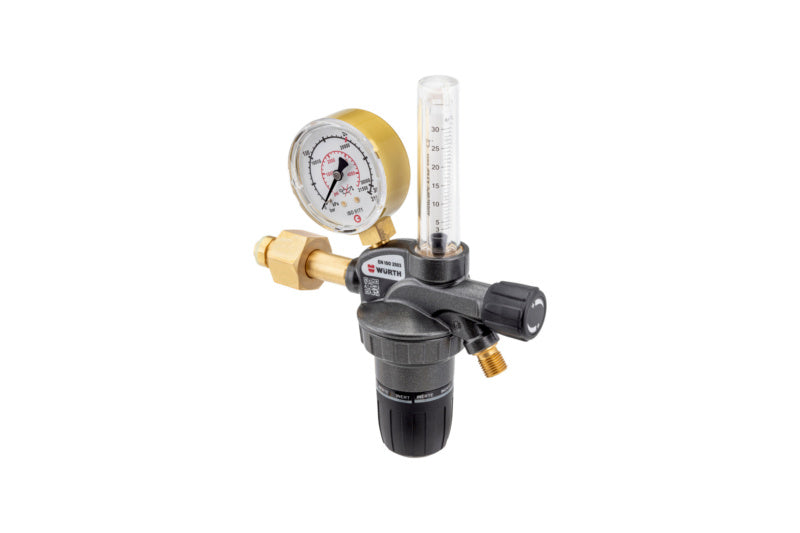 Robuster Druckminderer für Schweißtechnik mit Druckanzeige und Sicherheitsüberdruckventil.