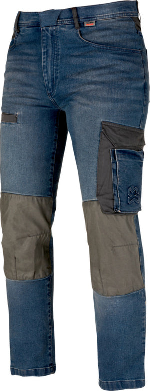 Arbeitshose "JEANS JANUS" in Blau und Grau mit praktischen Taschen und elastischer Taille.