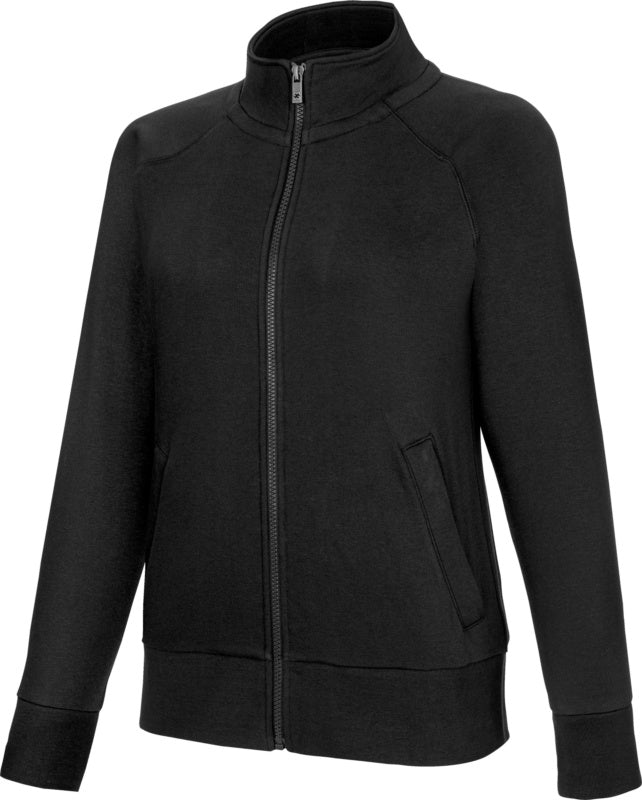 Schwarze Sweatjacke für Damen mit Reißverschluss, Stehkragen und elastischen Bündchen.