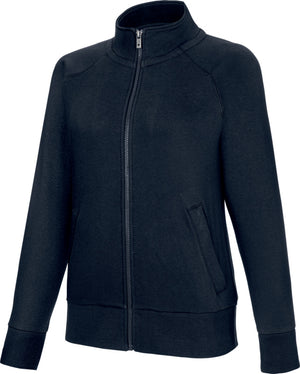 Dunkelblaue Damen-Sweatjacke mit Reißverschluss, Taschen und gerippten Bündchen.