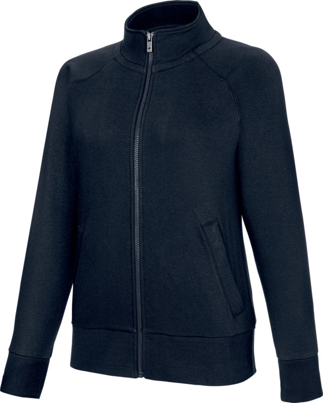 Dunkelblaue Damen-Sweatjacke mit Reißverschluss, Taschen und gerippten Bündchen.