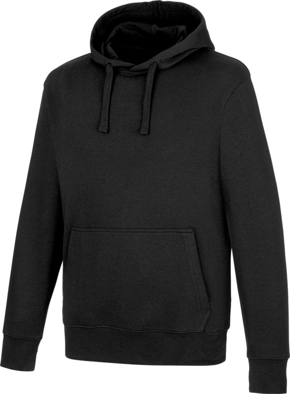 Schwarzer Arbeitskapuzenpullover mit Kängurutasche und großzügiger Kapuze für Komfort.