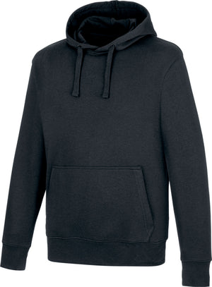 Anthrazitfarbener Arbeitskapuzenpullover mit Kapuze und Kängurutasche aus Baumwolle.