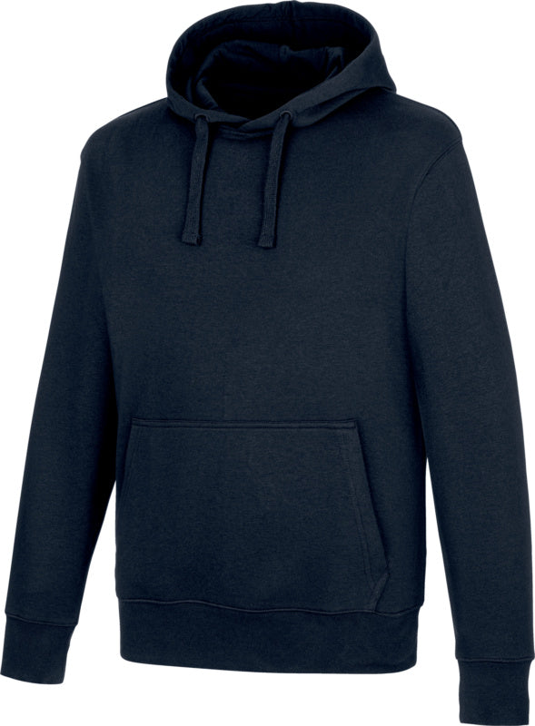 Dunkelblauer Arbeitskapuzenpullover mit Kapuze, Kordelzug und vorderen Taschen aus Sweatstoff.