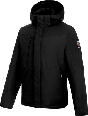 Schwarze Wetterschutzjacke mit verstellbarer Kapuze und elastischen Ärmelbündchen.