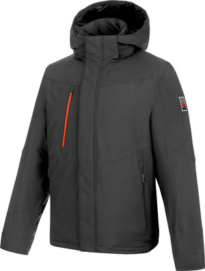 Anthrazitfarbene Wetterschutzjacke mit elastischer Passform und verstellbaren Bündchen.