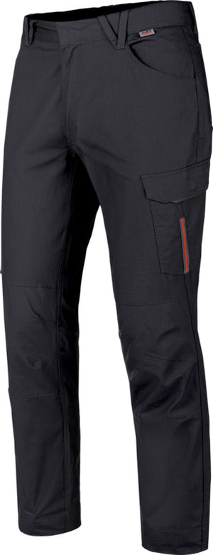 Anthrazitfarbene Arbeitshose mit Stretch, Sommerstoff und mehreren Taschen für Bewegungsfreiheit.