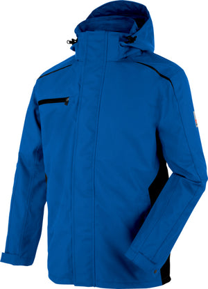 Wetterschutzjacke CETUS in Royalblau und Schwarz mit verstellbarer Kapuze und praktischen Taschen.