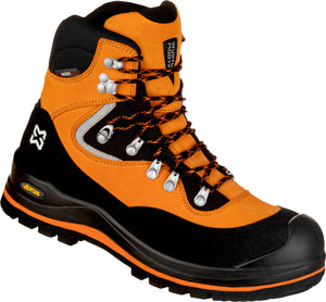 Sicherheitsstiefel S7S in Orange mit Stahlkappe und rutschfester Gummisohle, Größe 39.