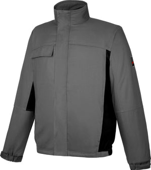 Grau-schwarze Winter-Bundjacke mit hohem Kragen, verstellbaren Bündchen und mehreren Taschen.