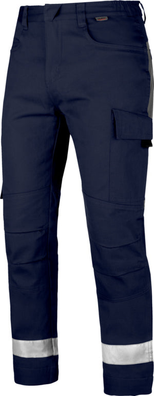 Dunkelblaue und graue Arbeitshose mit Reflexstreifen und mehreren funktionalen Taschen.