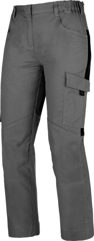 Graue und schwarze Damen-Arbeitshose mit praktischen Taschen und elastischem Bund.