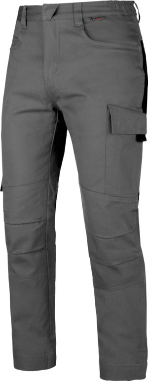 Grau/schwarze Wetterschutzhose mit elastischem Bund und seitlichen Taschen für Outdoor-Aktivitäten.