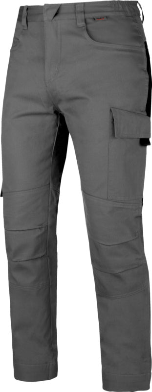 Grau/schwarze Wetterschutzhose mit elastischem Bund und seitlichen Taschen für Outdoor-Aktivitäten.