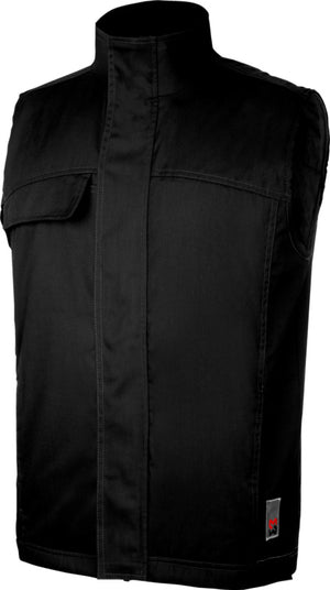 Schwarze Arbeitsweste „WINTER STAR CP“ mit praktischen Taschen und reflektierenden Streifen.