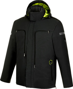 Wetterschutzjacke in Anthrazit mit verstellbarer Kapuze und elastischen Ärmelbündchen.