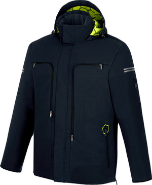 Marineblaue Winterjacke mit Kapuze, wasserabweisend und fleecegefütterten Taschen.