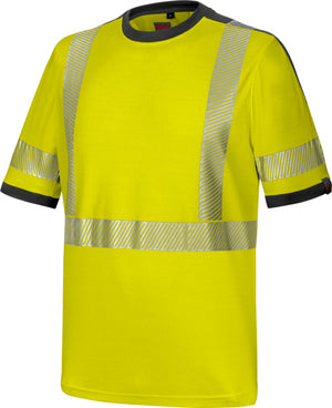 Neon-gelbes Warnschutzshirt mit kurzen Ärmeln und runden Ausschnitt für hohe Sichtbarkeit.