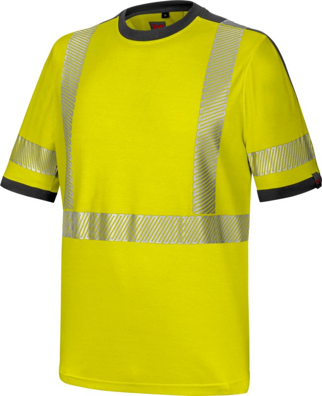 Neon-gelbes Warnschutzshirt mit kurzen Ärmeln und runden Ausschnitt für hohe Sichtbarkeit.