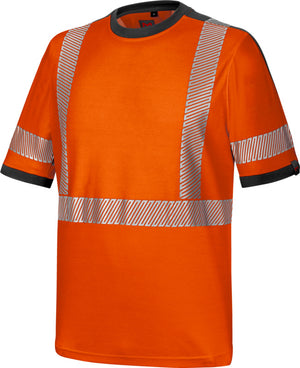 Neonorange Warnschutz-T-Shirt mit reflektierenden Streifen für erhöhte Sichtbarkeit.